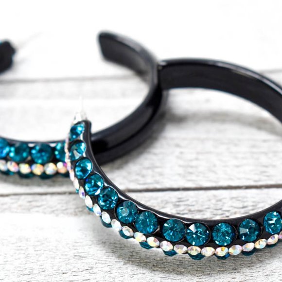 2.5" Teal/AB Rhinestones Black Lucite Hoop Earring - Picture 6 of 7